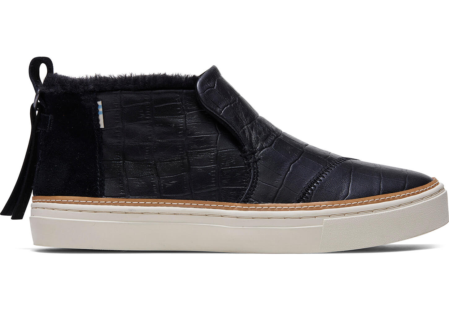 Toms Paxton Croc Embossed Leather and Faux Fur - Womens Slip Ons - Black - NZ - 289047GMZ